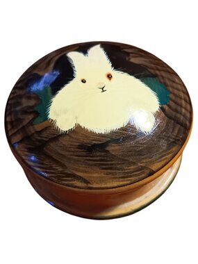 Vintage 1OF1 Hand-Painted Wooden Bunny Box 3.5x2" Handmade Trinket Jewelry